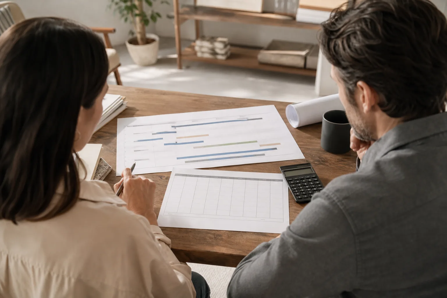 Business owners discussing examine cash timing and project-level profitability with financial charts