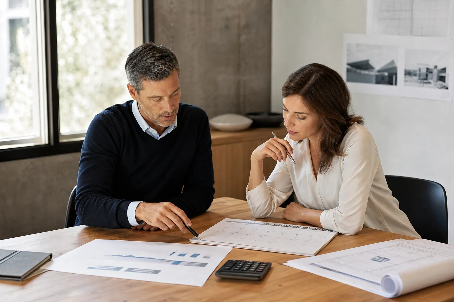Business owners reviewing blank business financial charts, a planning calendar, and a calculator for when should an architecture firm hire a fractional cfo?