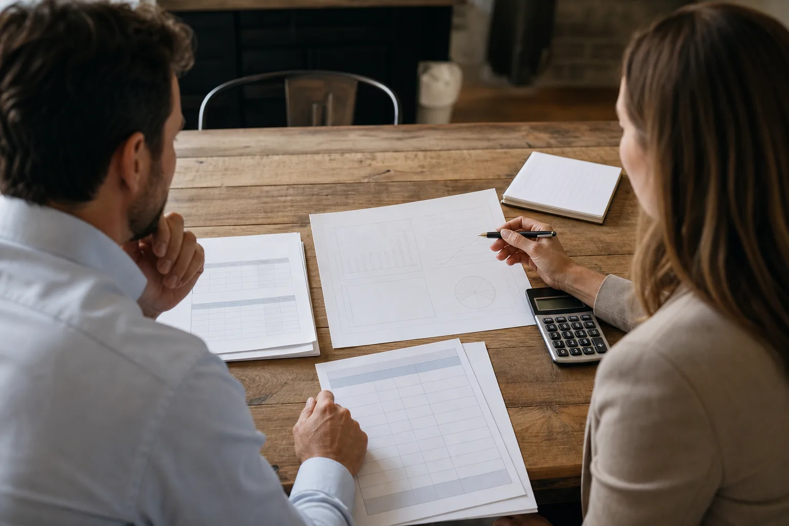 Business owners discussing clarifying matter and job-level profitability with financial charts Business owners discussing clarifying matter and job-level profitability with financial charts