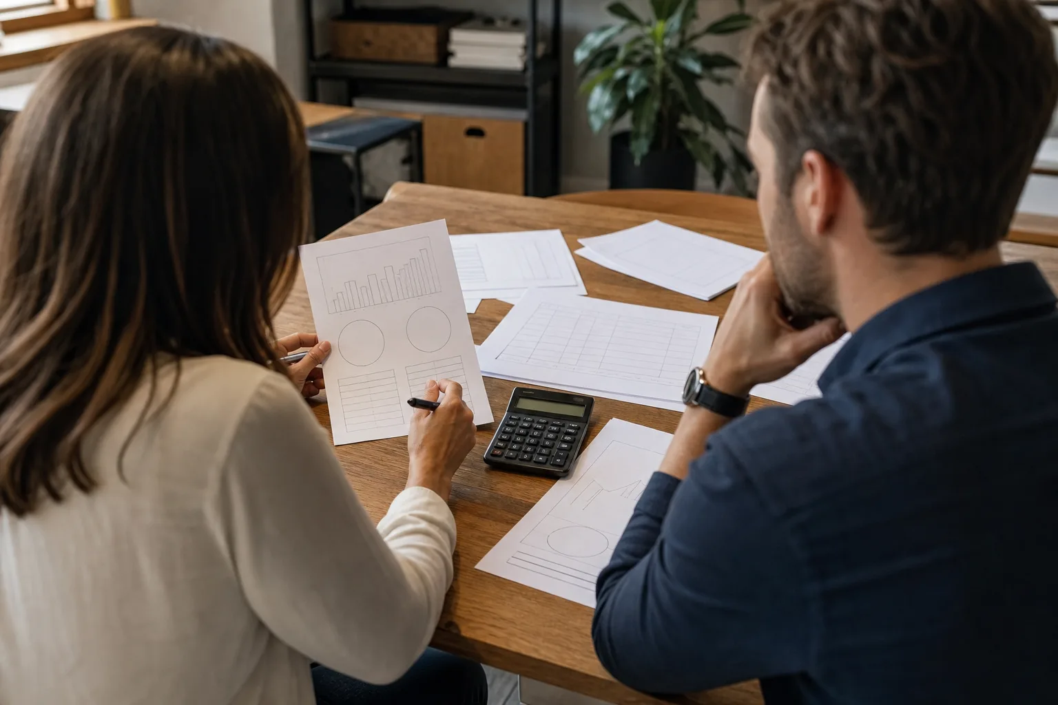 Business owners discussing connect revenue to job-level profitability with financial charts