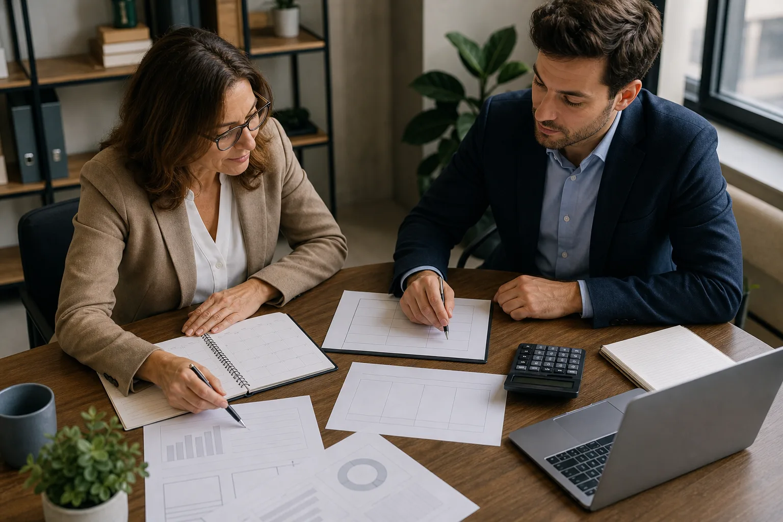 Business owners reviewing blank business financial charts, a planning calendar, and a calculator for how can a fractional cfo improve financial visibility at a marketing agency?