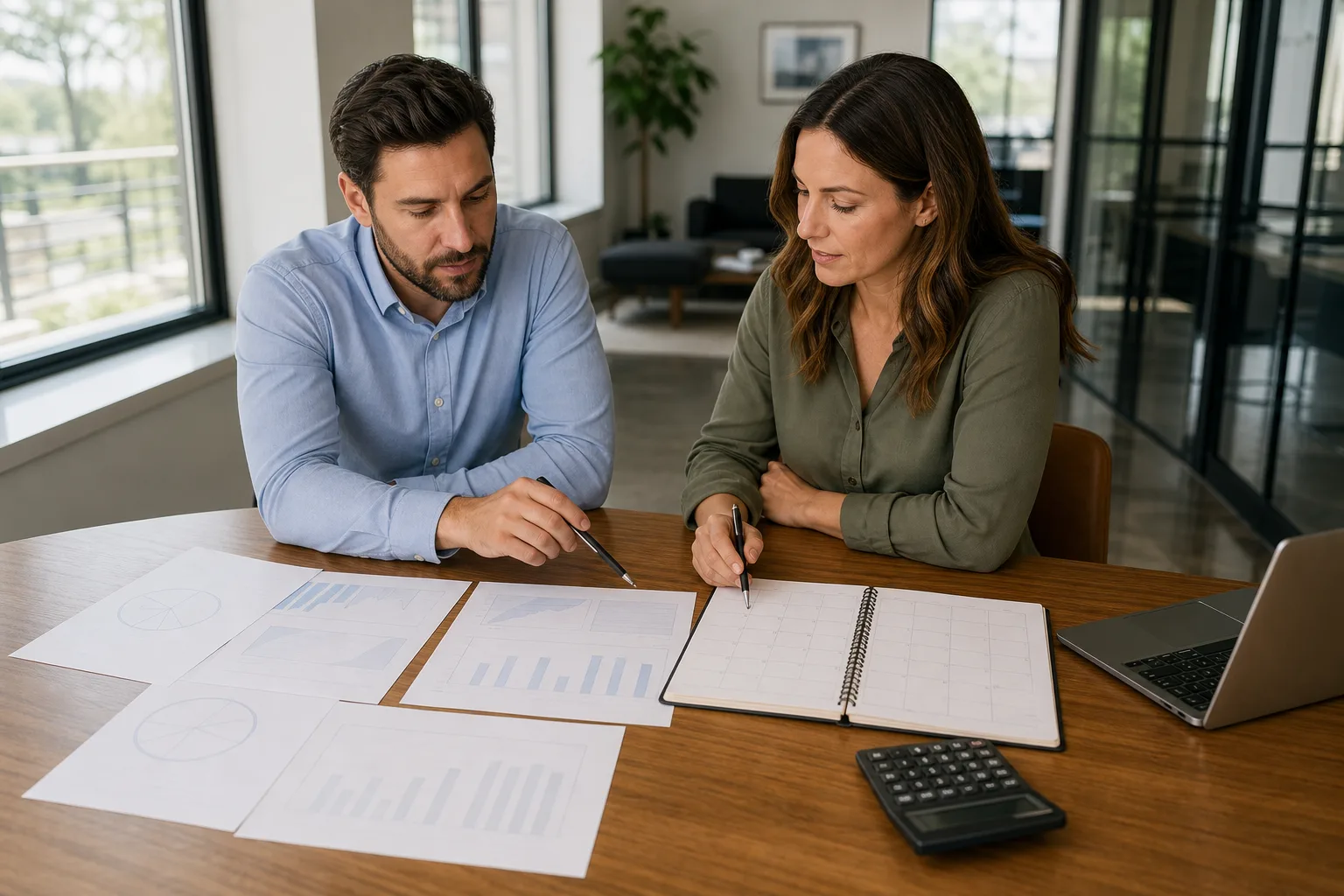 Business owners reviewing blank business financial charts, a planning calendar, and a calculator for how a fractional cfo supports multi-location businesses Business owners reviewing blank business financial charts, a planning calendar, and a calculator for how a fractional cfo supports multi-location businesses