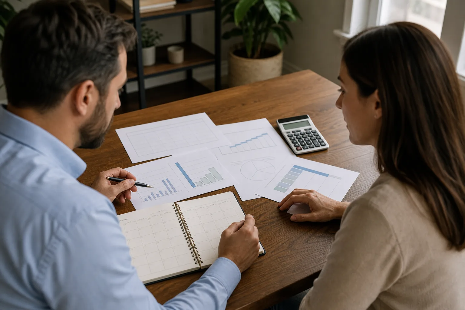 Business owners discussing what is a fractional cfo? with financial charts Business owners discussing what is a fractional cfo? with financial charts
