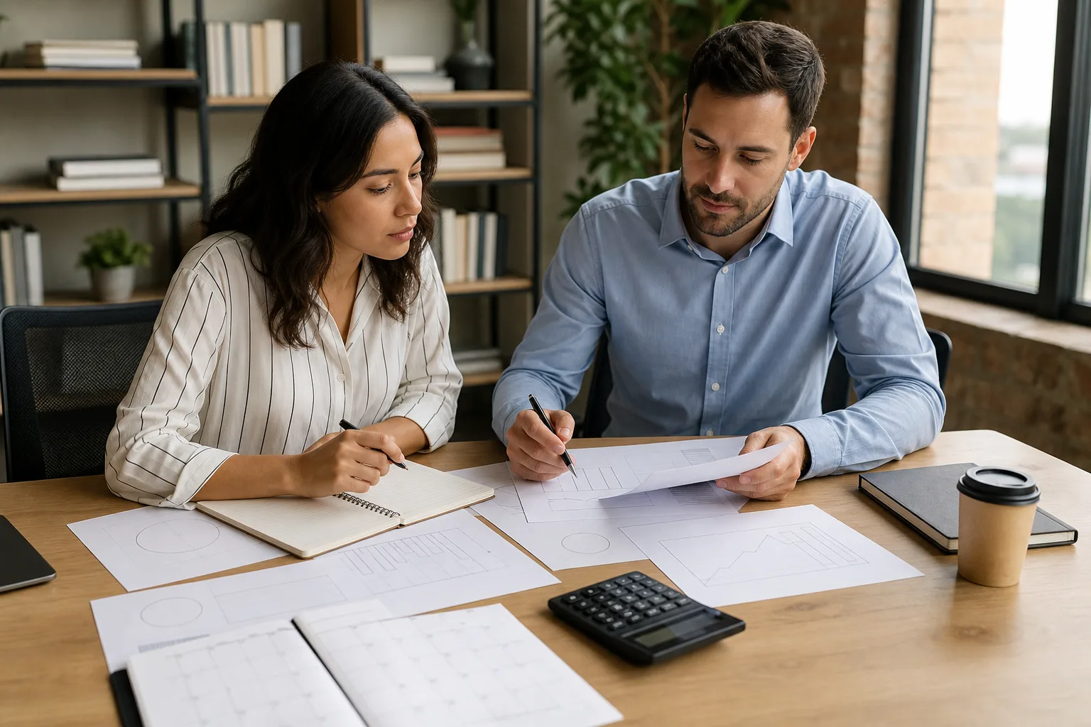 Business owners reviewing blank business financial charts, a planning calendar, and a calculator for fractional cfo for tech startups: strategic finance for growth