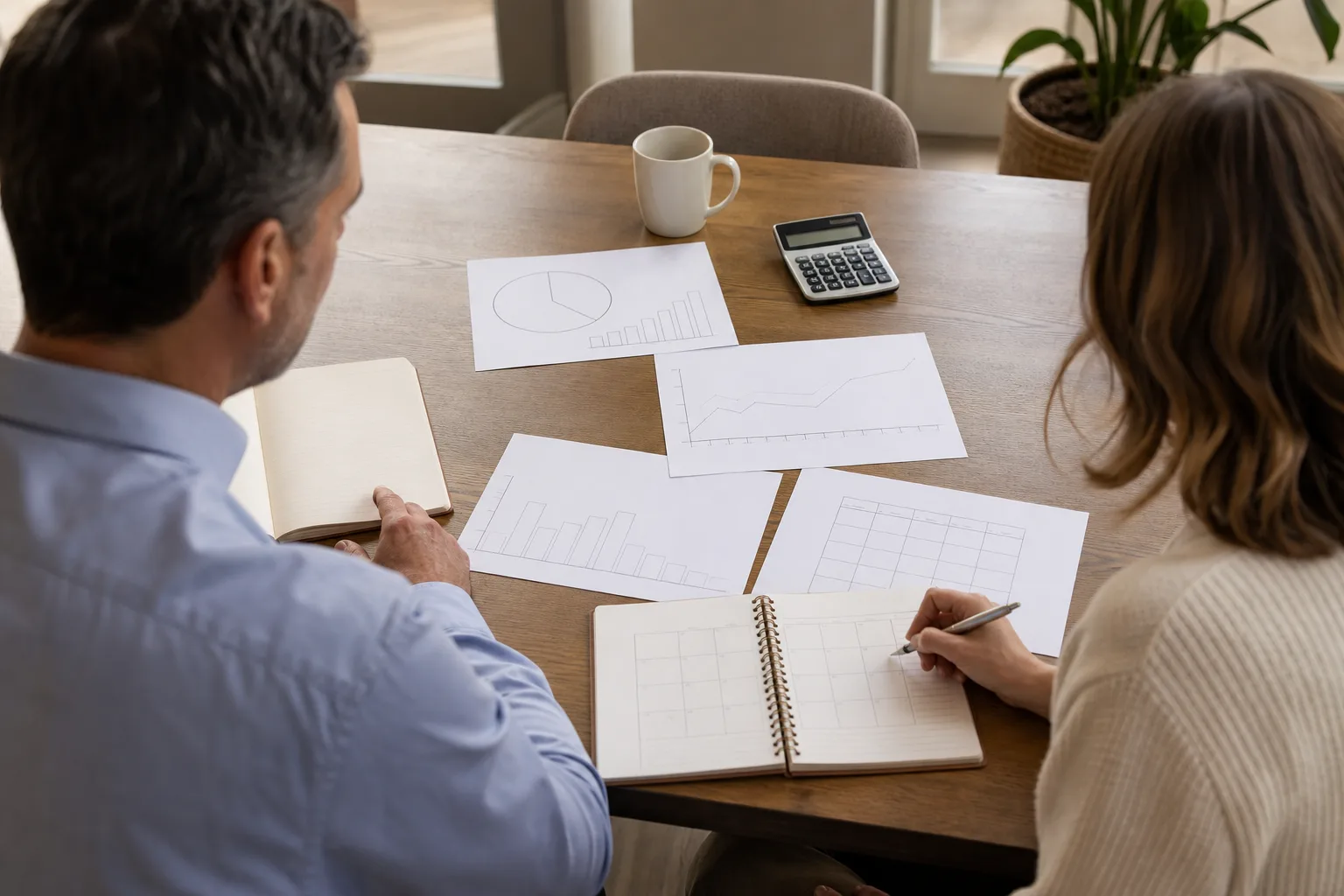Business owners discussing 2. gathering financial and operational information with financial charts