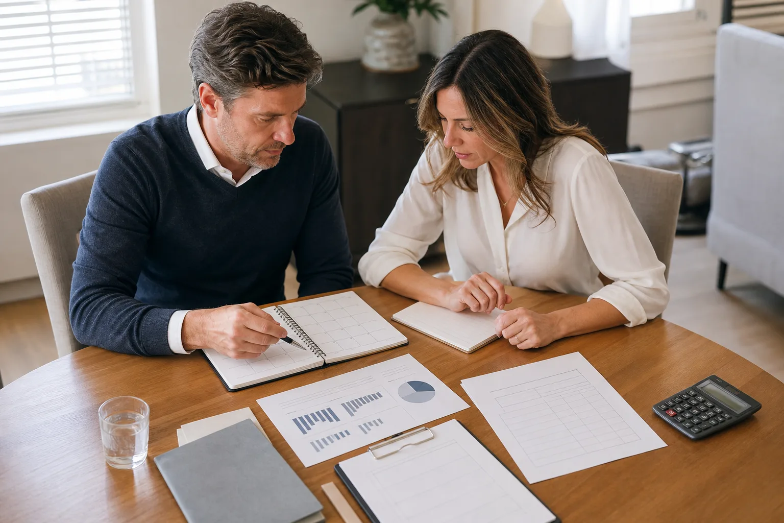 Business owners reviewing blank business financial charts, a planning calendar, and a calculator for understanding the fractional cfo onboarding process