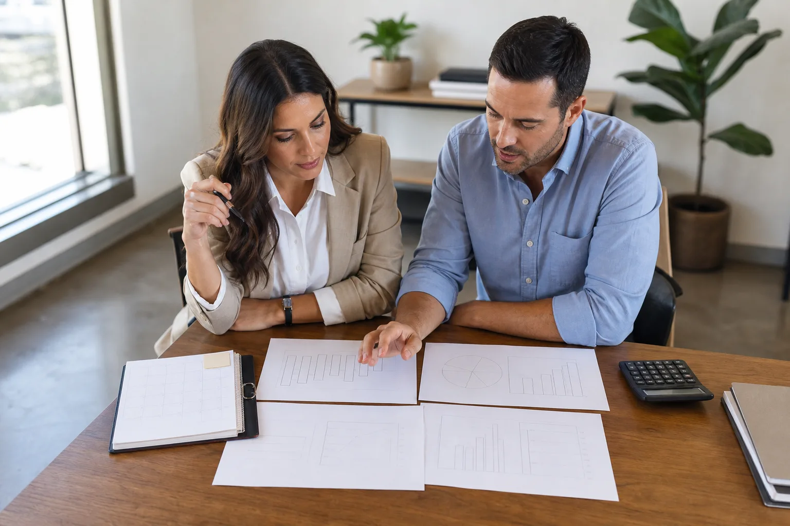 Business owners reviewing blank business financial charts, a planning calendar, and a calculator for how much do fractional cfo services cost for a consulting firm? Business owners reviewing blank business financial charts, a planning calendar, and a calculator for how much do fractional cfo services cost for a consulting firm?