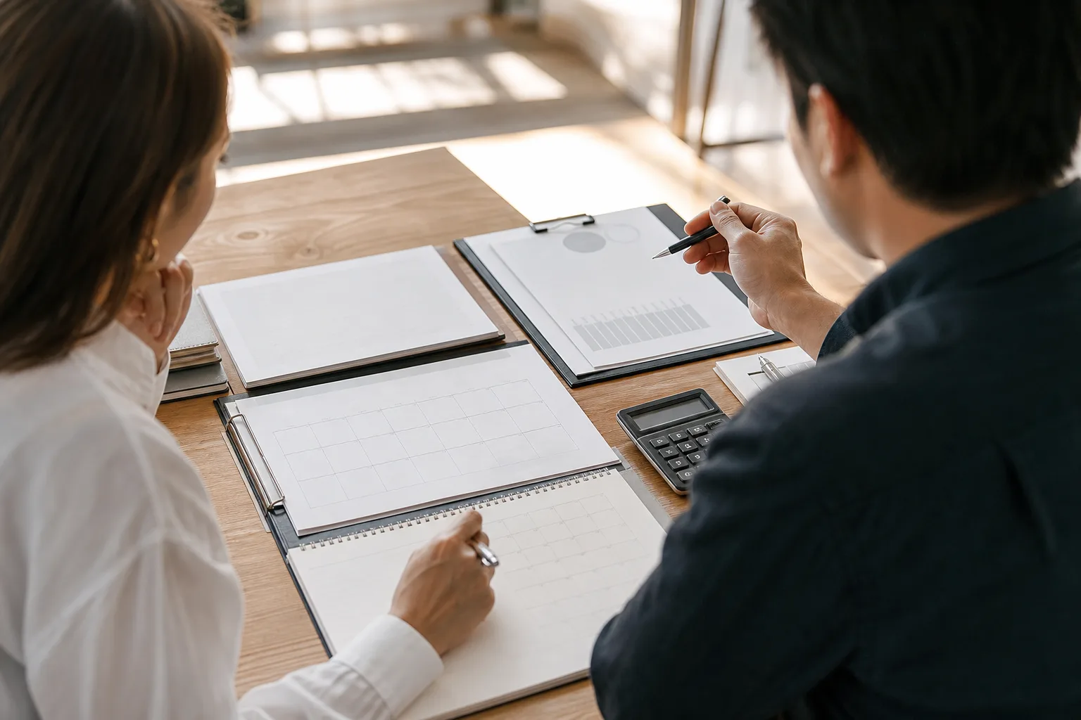 Business owners discussing what can affect the cost for a consulting firm with financial charts Business owners discussing what can affect the cost for a consulting firm with financial charts