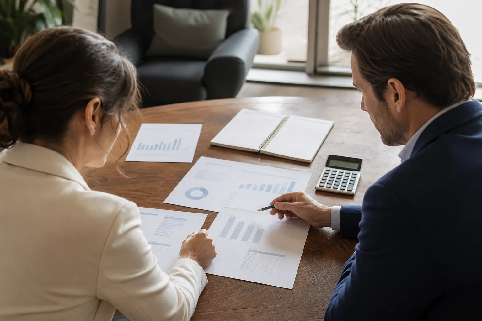 Business owners discussing choose a controller when financial reliability comes first with financial charts