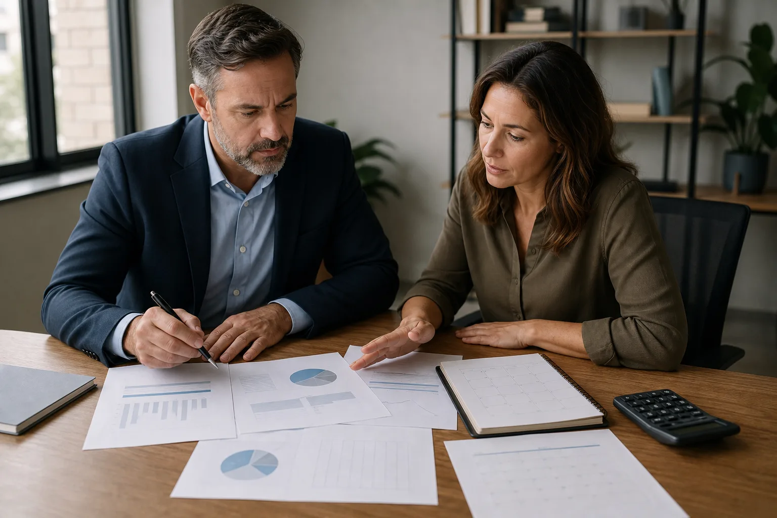 Business owners reviewing blank business financial charts, a planning calendar, and a calculator for does your professional services firm need a fractional cfo or a controller?
