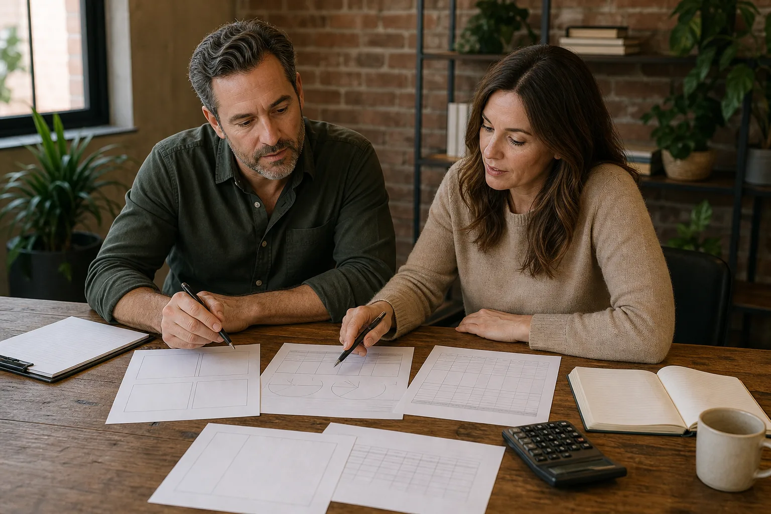 Business owners reviewing blank margin charts and cost worksheets beside a calculator for job level profitability analysis for founder-led businesses