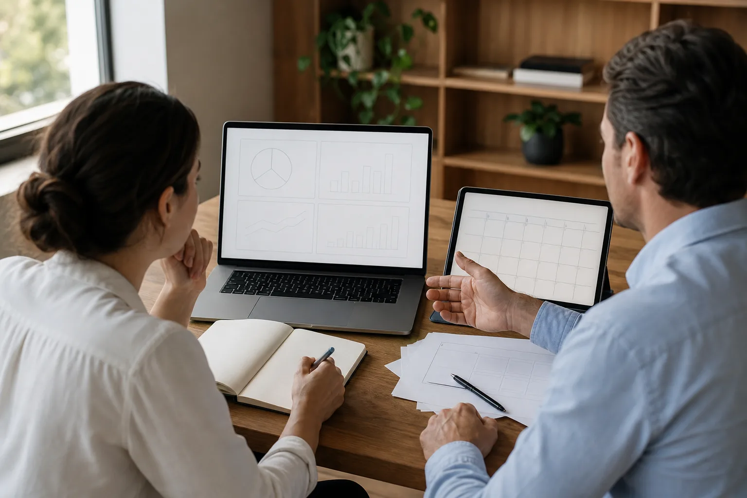 Business owners discussing why owner compensation matters with financial charts Business owners discussing why owner compensation matters with financial charts