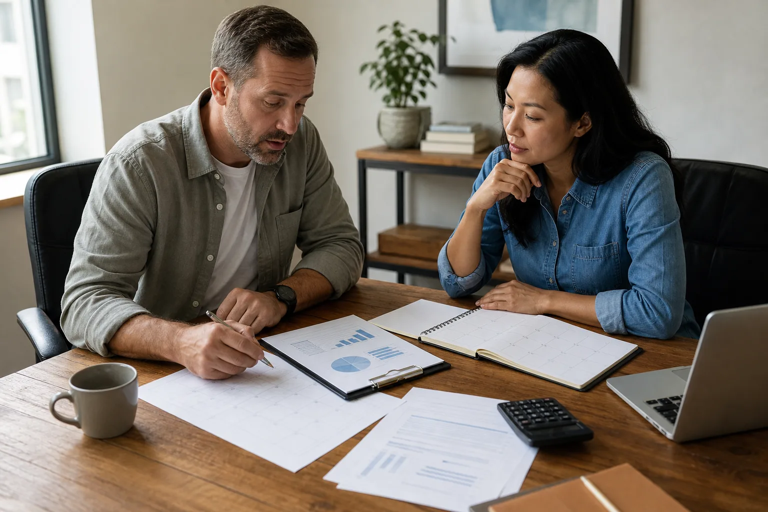 Business owners reviewing blank business financial charts, a planning calendar, and a calculator for owner distributions vs salary: what founders need to know Business owners reviewing blank business financial charts, a planning calendar, and a calculator for owner distributions vs salary: what founders need to know