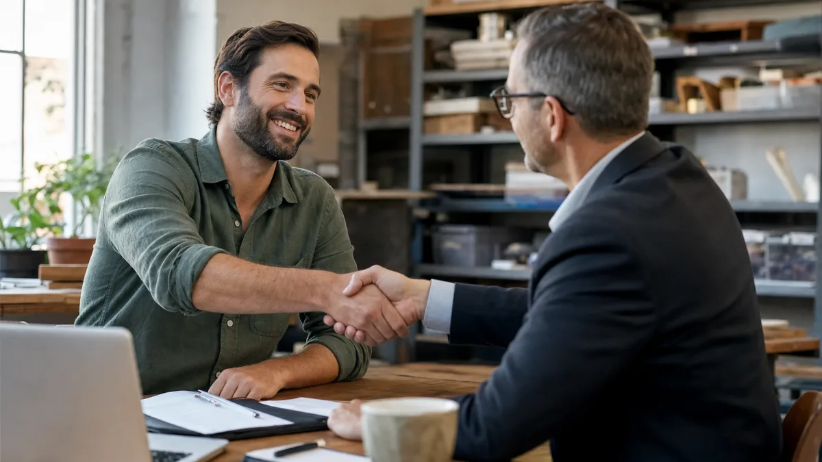 founder and a financial advisor shaking hands in a small business office with visible inventory shelves or workshop equipm