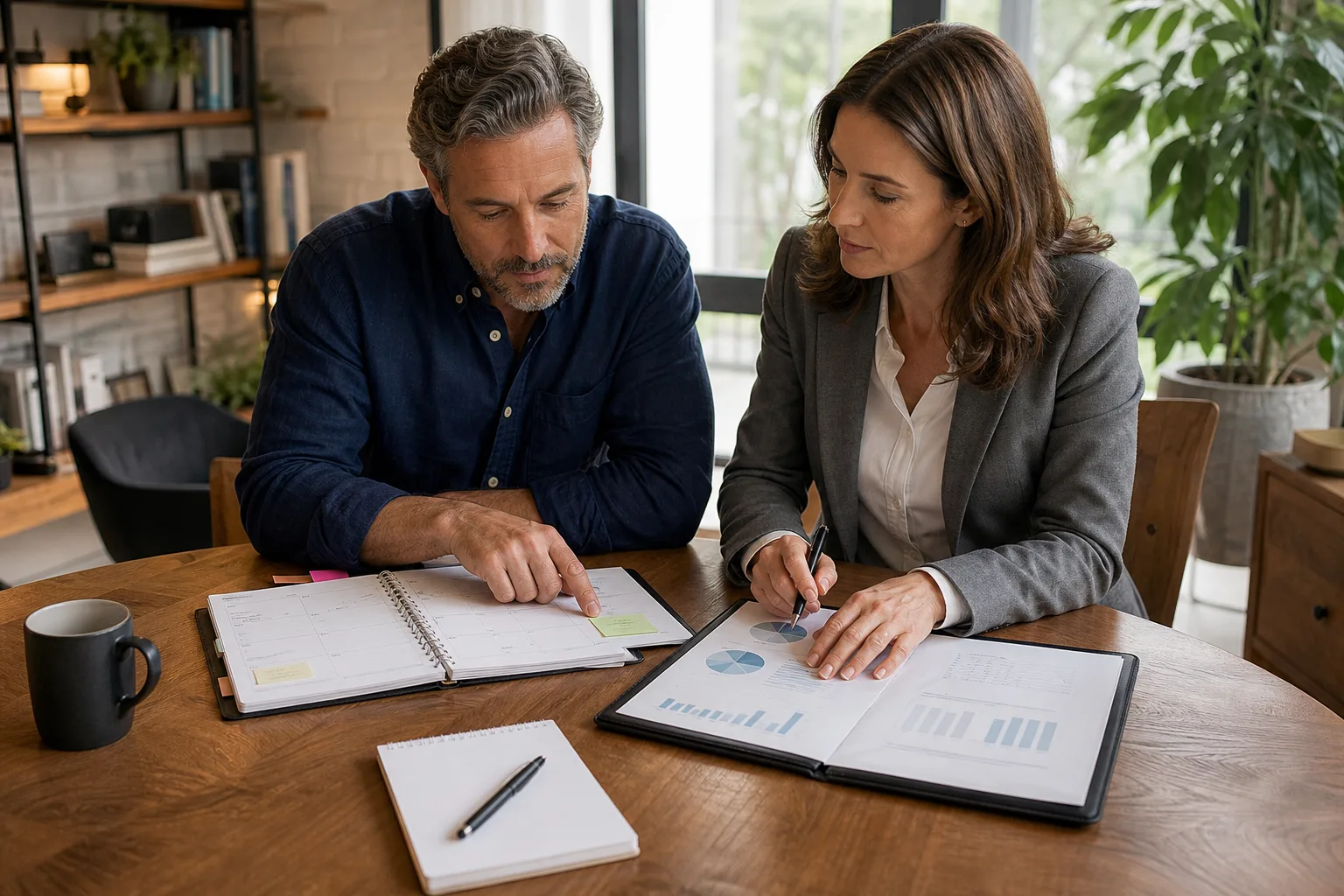 Business owners reviewing a personal and business planning calendar beside blank financial charts for personal wealth planning for business owners: building a strong financial foundation Business owners reviewing a personal and business planning calendar beside blank financial charts for personal wealth planning for business owners: building a strong financial foundation