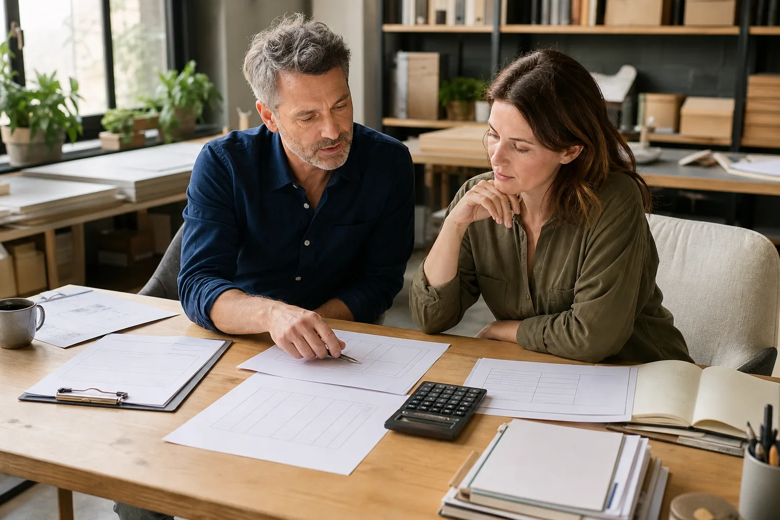 Business owners reviewing blank margin charts and cost worksheets beside a calculator for understanding profitability by job type for founder-led businesses Business owners reviewing blank margin charts and cost worksheets beside a calculator for understanding profitability by job type for founder-led businesses