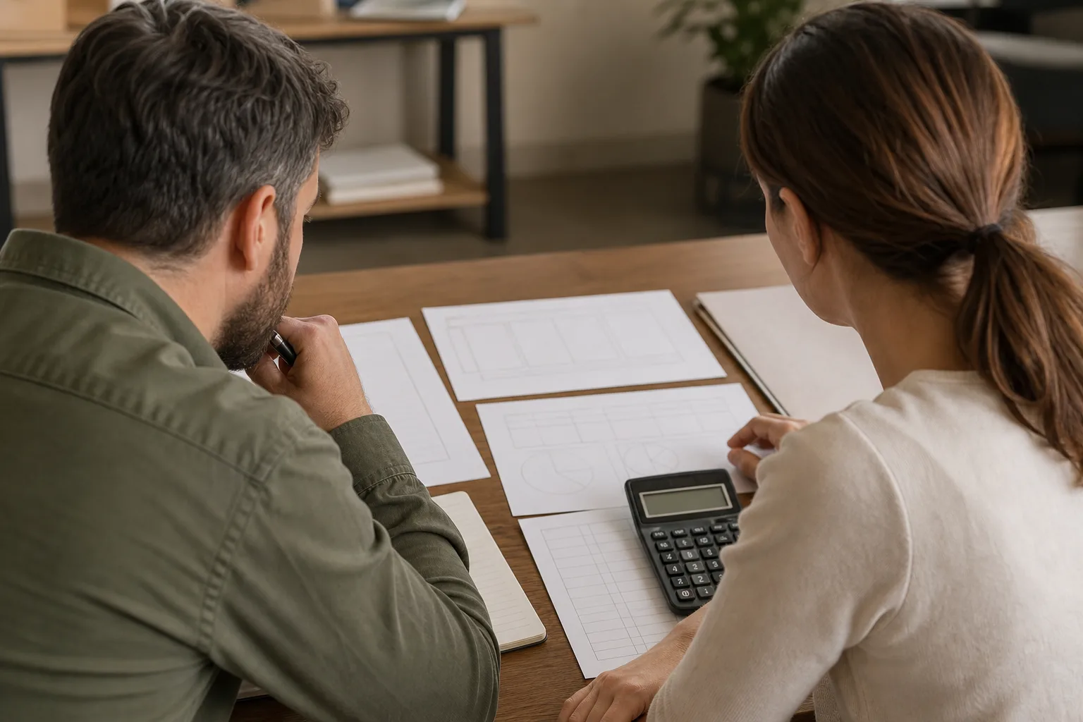 Business owners discussing the challenges of tracking job-level profitability with financial charts Business owners discussing the challenges of tracking job-level profitability with financial charts