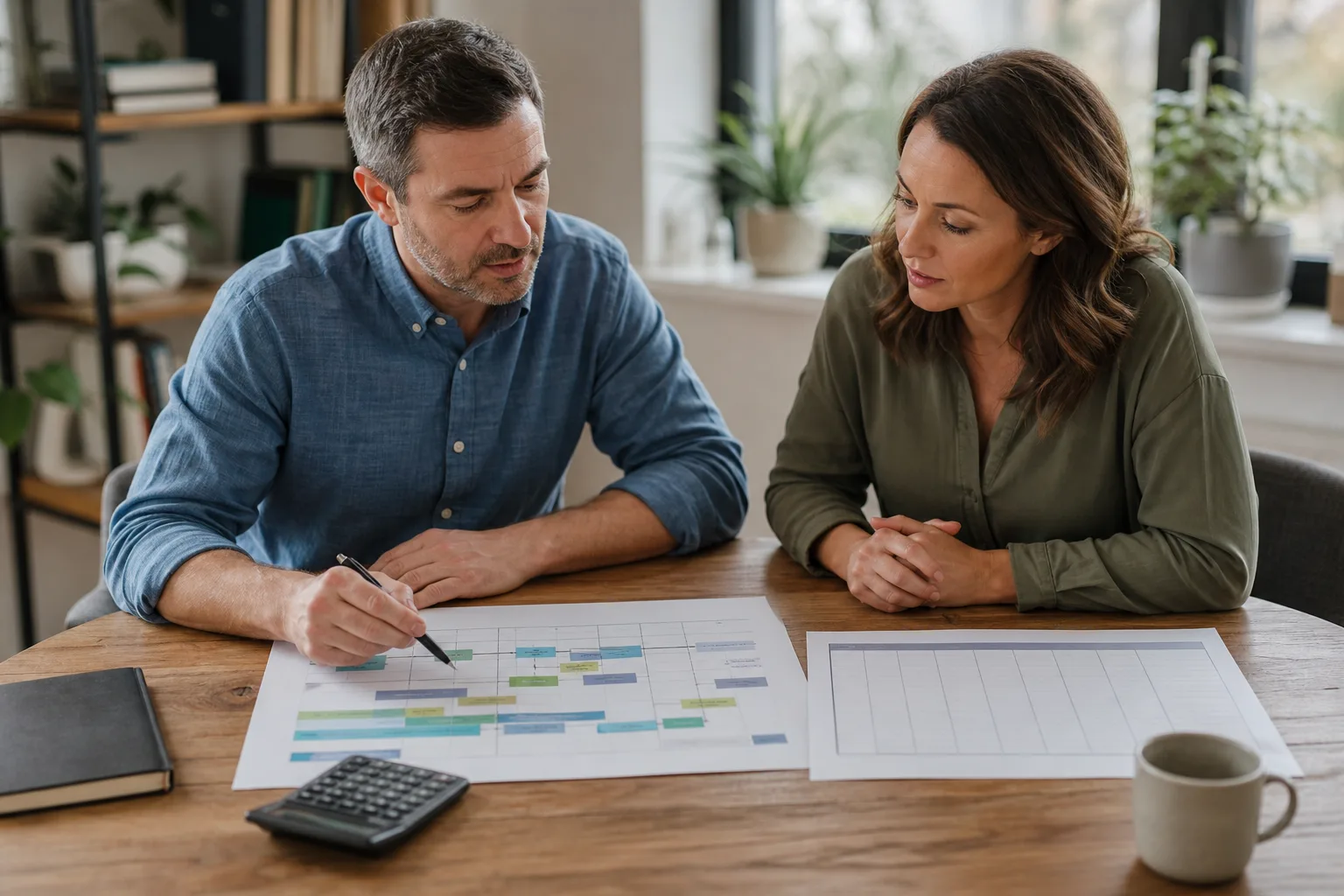 Business owners reviewing a paper cash-flow timeline, a calculator, and a blank monthly graph for how a rolling cash forecast supports better business decisions