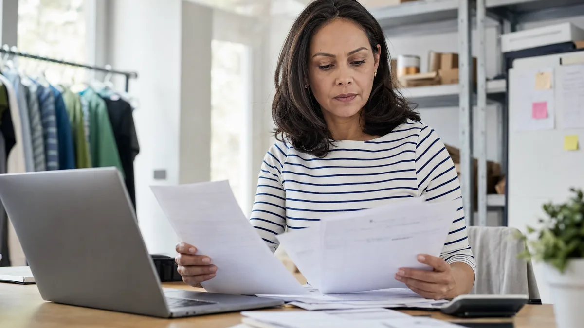 stressed but composed small business owner reviewing a stack of invoices and a laptop showing spreadsheets at a desk in a