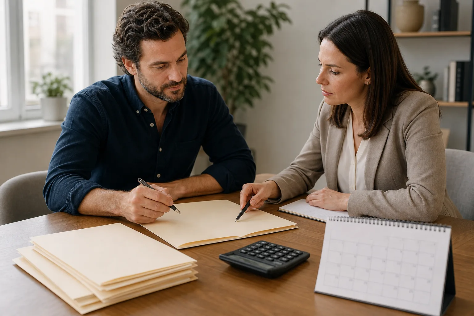 Business owners reviewing blank tax-planning folders, a calendar, and a calculator for tax planning with cpa and cfo for founder-led businesses