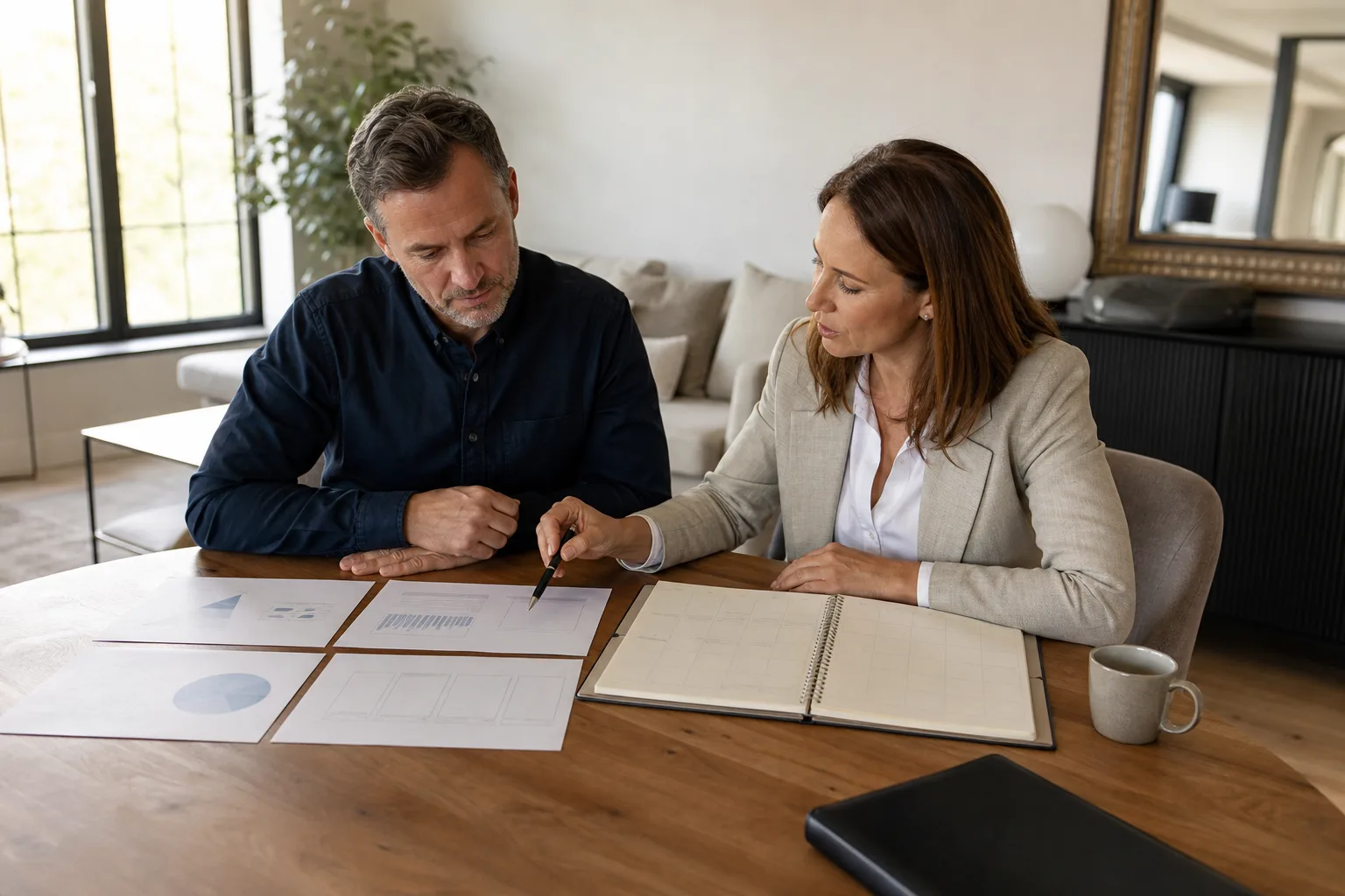 Business owners reviewing a personal and business planning calendar beside blank financial charts for wealth alignment for business owners in the united states Business owners reviewing a personal and business planning calendar beside blank financial charts for wealth alignment for business owners in the united states