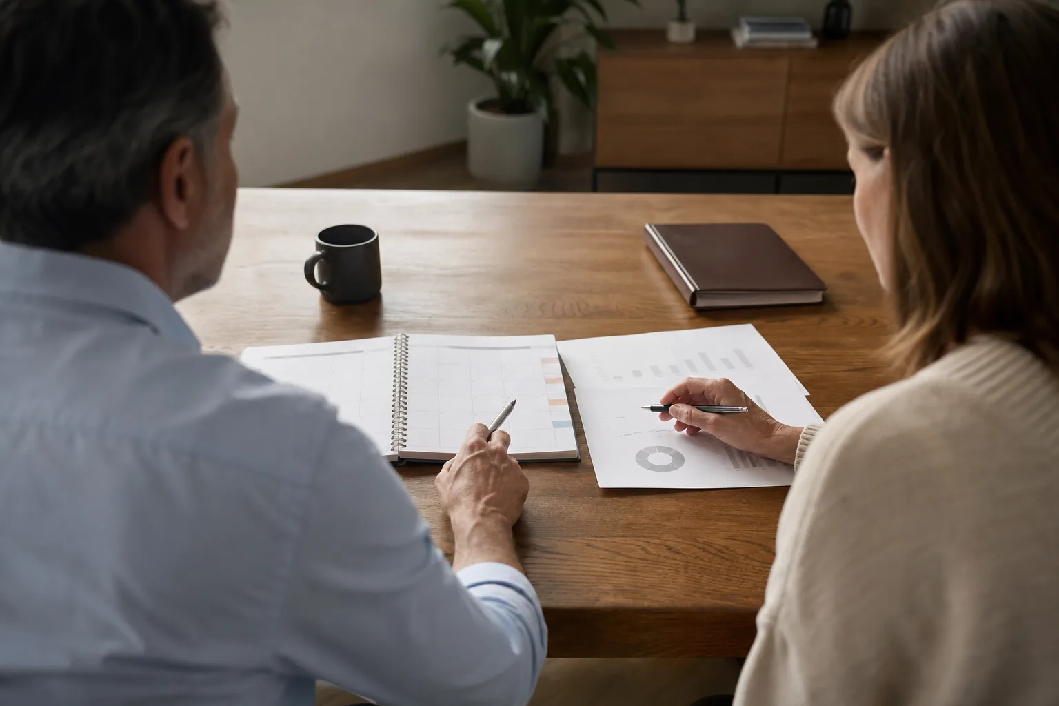 Business owners discussing the role of a fractional cfo in wealth alignment with financial charts Business owners discussing the role of a fractional cfo in wealth alignment with financial charts
